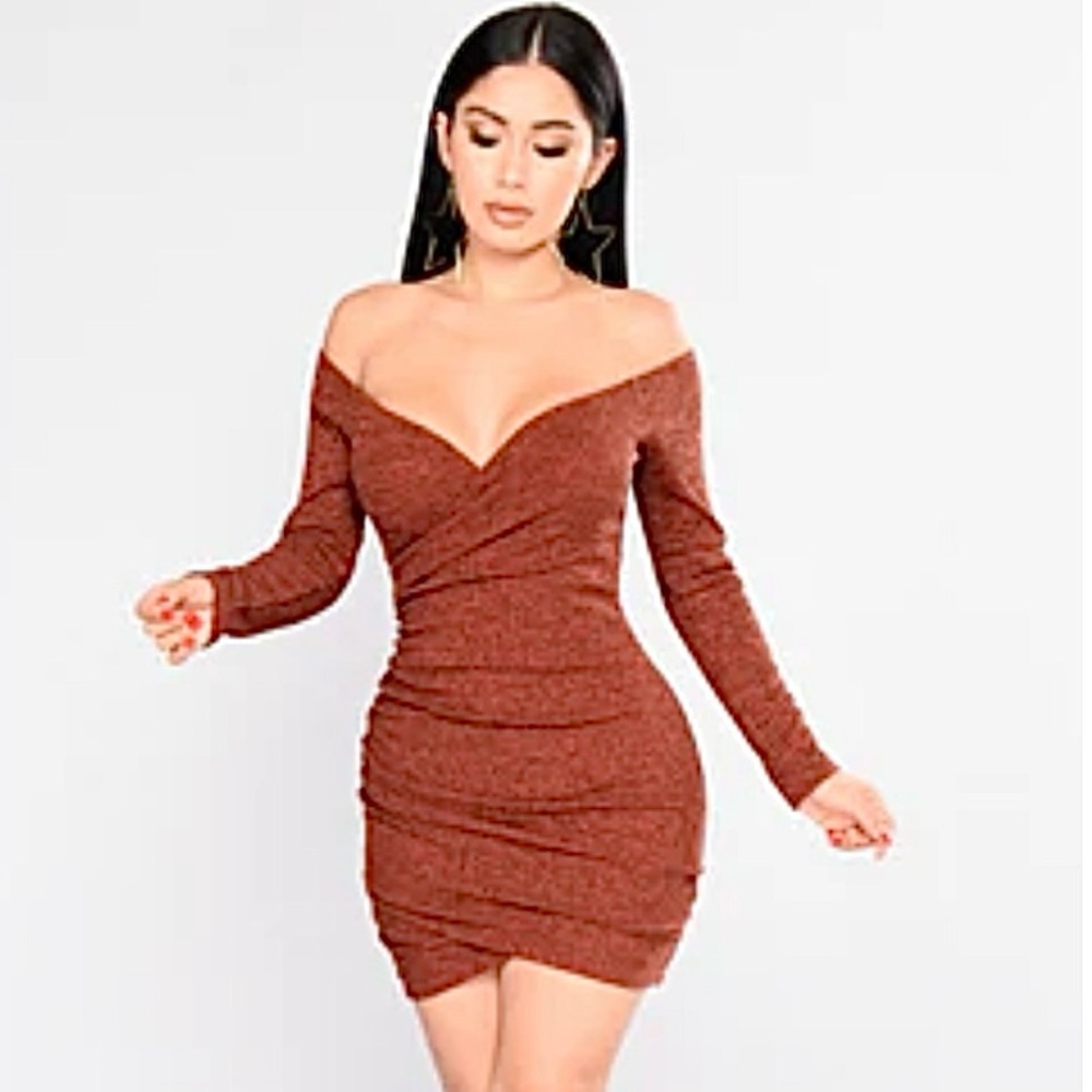 Fashion Nova Off-Shoulder Rust Dress